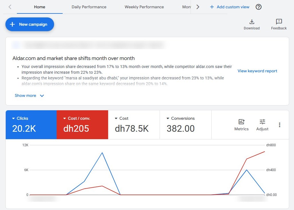 Google Ads account overview with clicks, cost per conversion, cost and conversions (dates hidden)