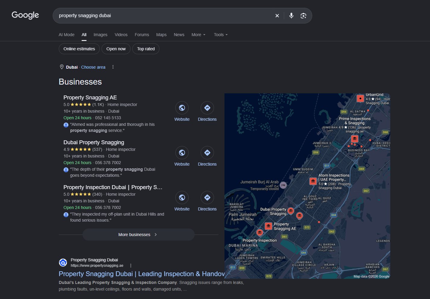 Google results for 'property snagging dubai' with Property Snagging AE at the top